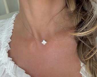 Gold Clover Necklace With A White Freshwater Pearl Lucky Clover, Choose From 14K Gold Filled Or Sterling Silver Chain, 15", 16" 17", 18"