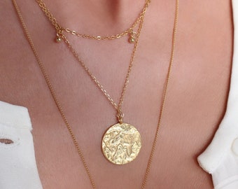 Gold World Map Necklace, Gold Compass Necklace, Gold Plated Sterling Silver, Large Coin Medallion, Going Away Gift, Emigrating Gift Idea