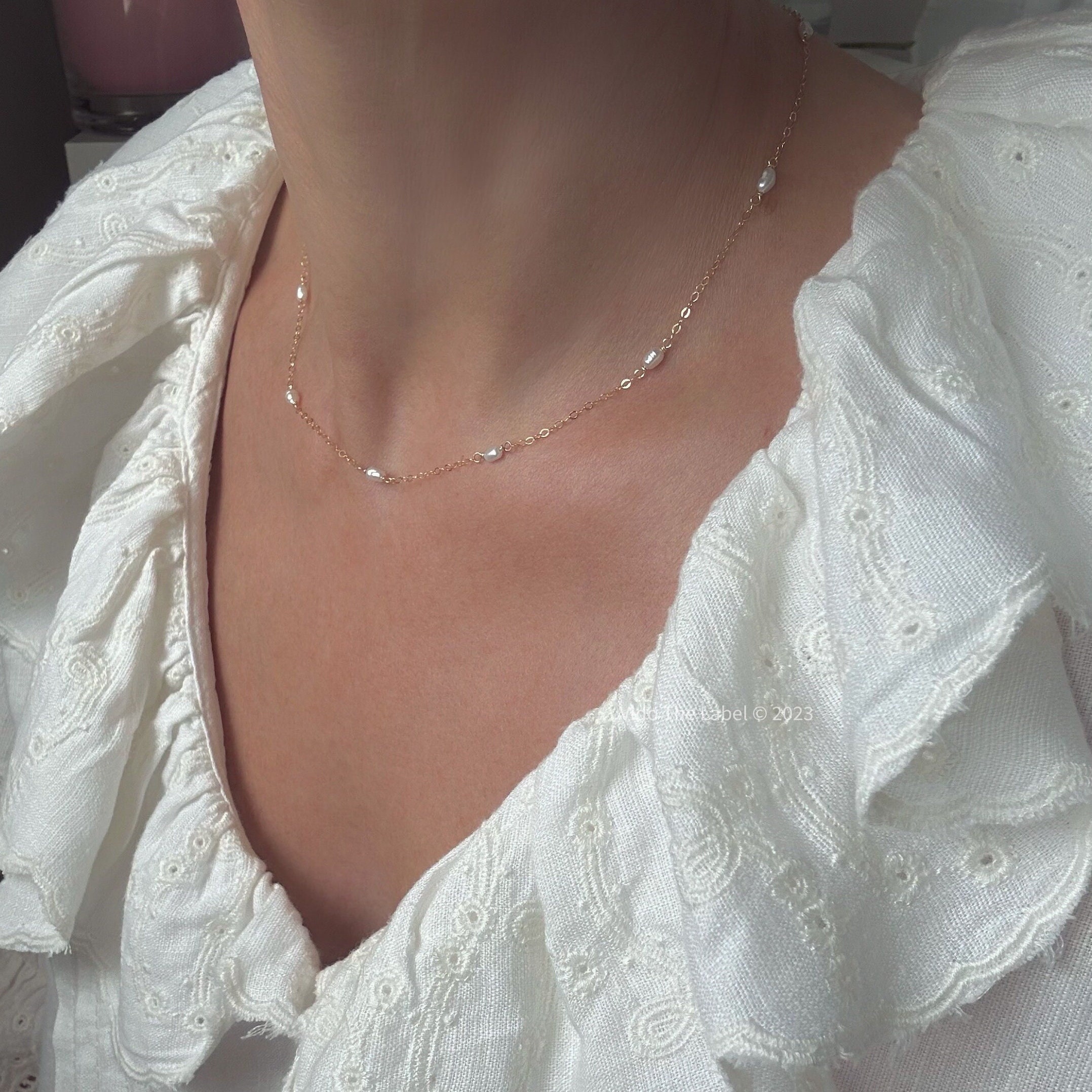 Dainty Little Freshwater Pearl Station Necklace, Satellite Pearl Necklace, Featuring Tiny Pearls, Choose From 15" or 16", Gold or Silver