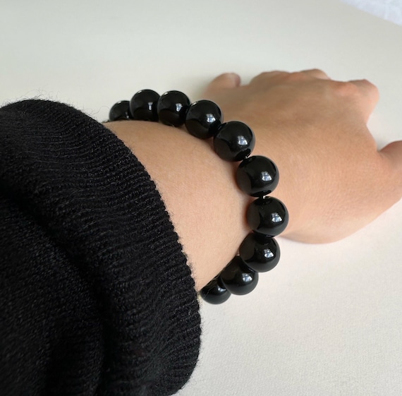 Obsidian Bead Bracelet, Black Bead Bracelet, 10mm Beaded Bracelet, Chunky Bead Bracelet, Gold or Silver Hardware, Choose Your Length