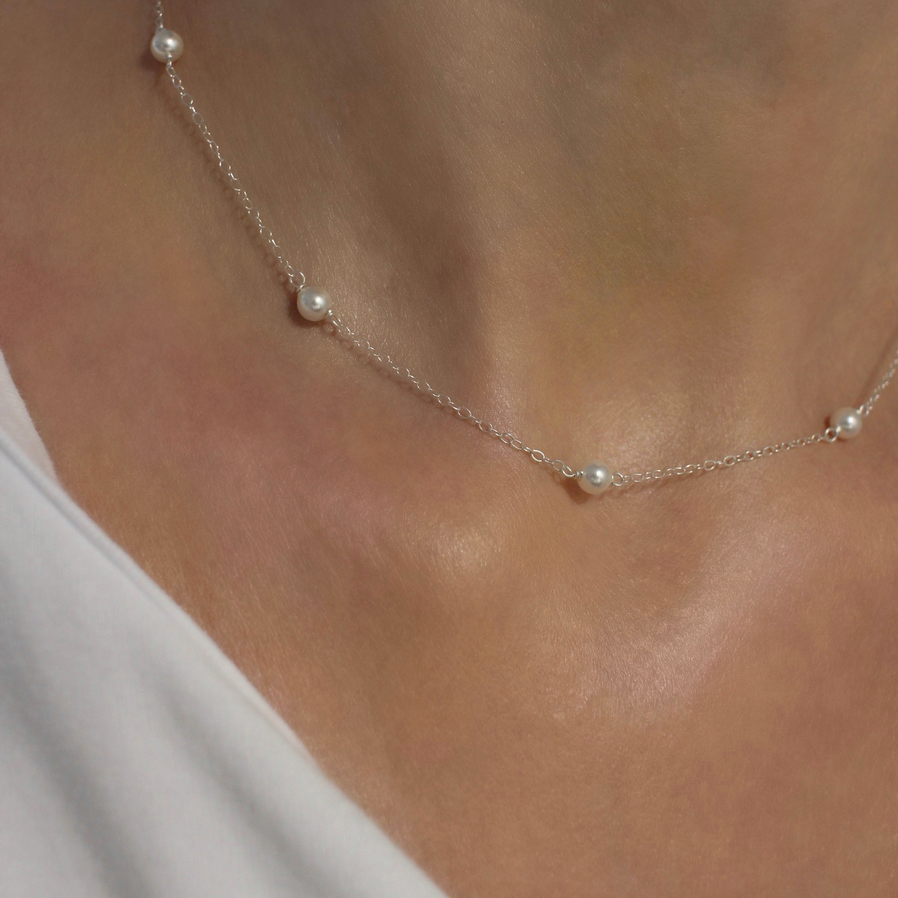 【TommassiniJewelry】Dainty Pearl Stationネックレス Dainty Fresh Water Pearl Station Neckace,tiny Pearl
