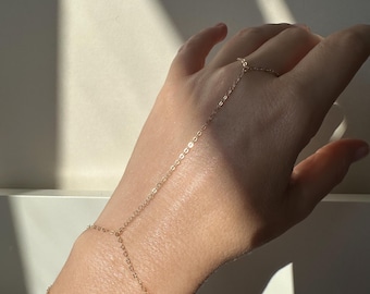 Longlasting 14K Gold Filled or Silver Hand Chain Bracelet, Dainty Finger Chain Bracelet, Gold Bracelet with Attached Ring, Personalised Size