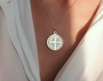 Collar de monedas de oro, collar de San Benito, collar de monedas religiosas, collar de monedas cruzadas, collar de monedas gruesas