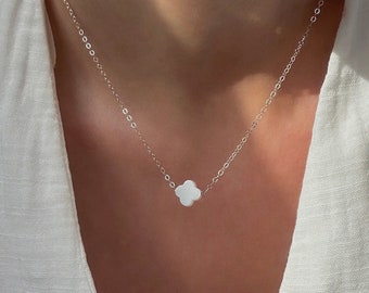 8mm Gold Clover Necklace With A Mother Of Pearl Lucky Clover, MOP Clover Necklace, 14K Gold Filled Or Sterling Silver Chain, 15" - 18"