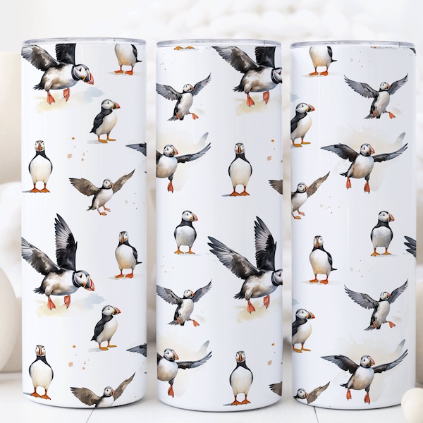 Puffin Bird Pattern Sublimation Watercolour Tumbler Wrap, 20oz Skinny Tumbler Sublimation Design, Straight & Tapered Tumbler Wrap, PNG