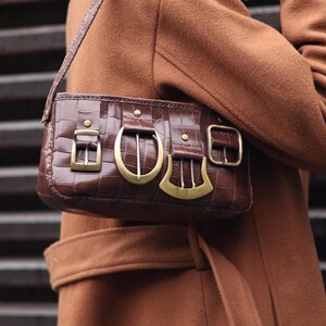Croc Embossed Calf Leather Shoulder Bag | Handmade Vintage Style Purse | Gold Brass details image 2