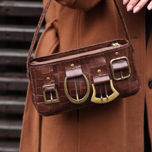 Croc Embossed Calf Leather Shoulder Bag | Handmade Vintage Style Purse | Gold Brass details image 1