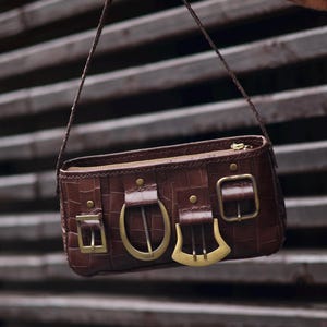 Croc Embossed Calf Leather Shoulder Bag | Handmade Vintage Style Purse | Gold Brass details image 3