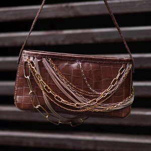 Handcrafted Croc Embossed Calfskin Leather Shoulder Bag with Gold & Mixed Metal Chains