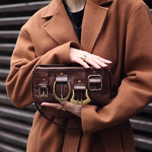 Croc Embossed Calf Leather Shoulder Bag | Handmade Vintage Style Purse | Gold Brass details image 5