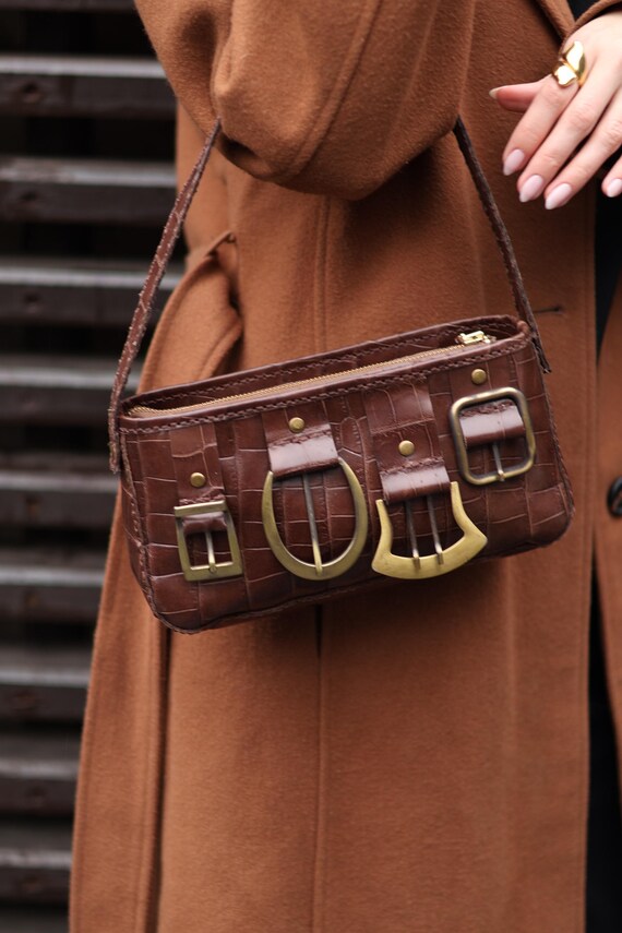 Croc Embossed Calf Leather Shoulder Bag | Handmade Vintage Style Purse | Gold Brass details