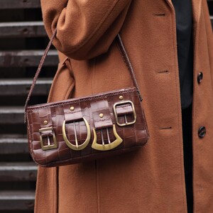 Croc Embossed Calf Leather Shoulder Bag | Handmade Vintage Style Purse | Gold Brass details image 4