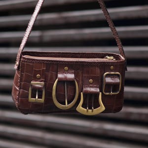 Croc Embossed Calf Leather Shoulder Bag | Handmade Vintage Style Purse | Gold Brass details image 7