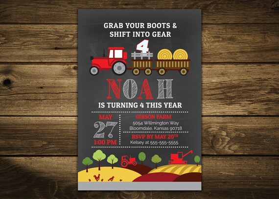 Barnyard Farm Birthday Party Tractor Invitation Boy Chalkboard ...