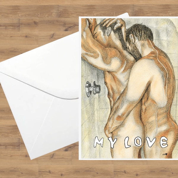 Shower me with love Gay Art Print Greetings card Gay Birthday Gay Anniversary Gay Valentines Gay Boyfriend Gay Husband
