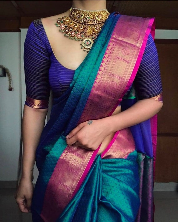 Blue Colors Kanchipuram Soft Lichi Silk Saree Bold and Beautiful Saree With  Weaving Silk Exclusive Indian Wedding Saree South Silk Saree 