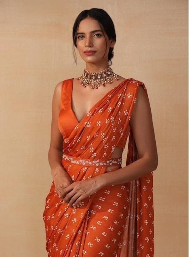 Plain orange saree shop with designer blouse