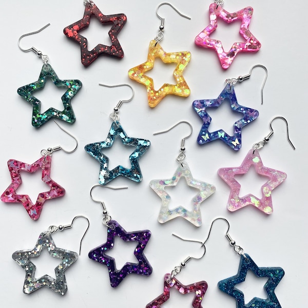 Rainbow Glitter Dangle Drop Star Boucles d’oreilles / Boucles d’oreilles en résine / Boucles d’oreilles personnalisées / Cadeau / Cadeau / Fierté / Valentines / Pâques