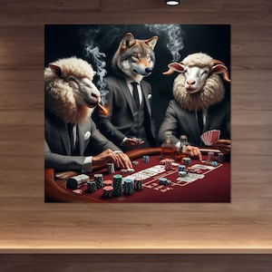Stampa su tela raffigurante un lupo che gioca a poker con una pecora, opera d'arte murale raffigurante il poker, decorazione per la sala da poker, decorazione per la caverna dell'uomo, regali per il poker, incorniciata e pronta da appendere.