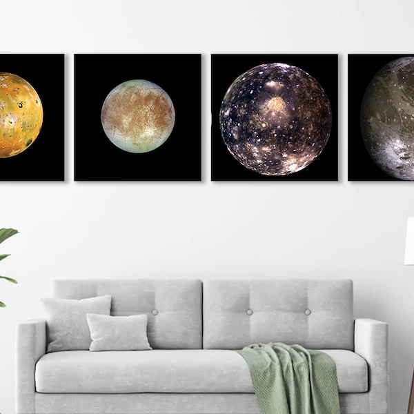 Monde des Jupiter Leinwandbild, Io, Europa, Callisto, Ganymede, Jupiter Wandkunst, Jupiter Monde Leinwanddruck, Space Wall Art