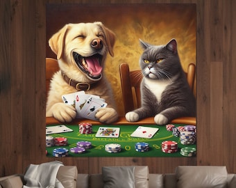 Dog and Cat Playing Cards Painting Canvas Print, Poker Wall Art, Poker Room Decor, Nursery Canvas Art, Poker Gifts, Framed and Ready to Hang