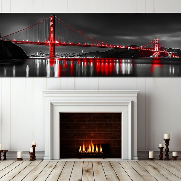 Impresión de lienzo panorámico de San Francisco, arte de la pared de San Francisco, arte del lienzo del puente Golden Gate, cartel del Golden Gate, enmarcado y listo para colgar