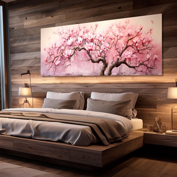 Magnolienblüte Gemälde Leinwand DRUCK, Blumen Panorama Wandkunst, Großes Schlafzimmer Wanddekor, Magnolien Leinwand Kunst, gerahmt und fertig zum Aufhängen