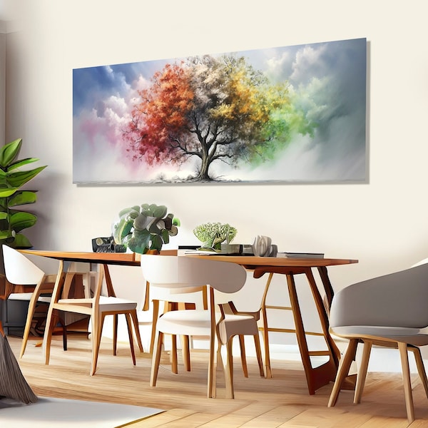 Impression sur toile arbre quatre saisons, peinture abstraite quatre saisons, art mural coloré arbre saison, encadré et prêt à accrocher