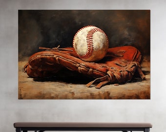 Baseball Glove and Ball Painting Canvas Print, Vintage Baseball Wall Art, Baseball Fan Gift, Baseball Wall Decor, Framed and Ready to Hang