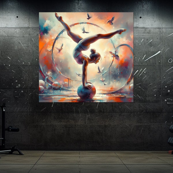 Art mural abstrait de gymnastique, impression sur toile belle gymnaste avec ballon, peinture de gymnaste, cadeau de gymnaste, encadré et prêt à accrocher