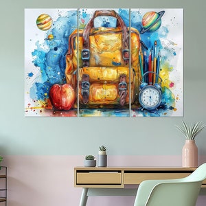 Impression sur toile abstraite cartable, décoration de chambre d'enfant, décoration de chambre d'écolier, art mural d'école, décoration de salle de classe, encadré et prêt à accrocher