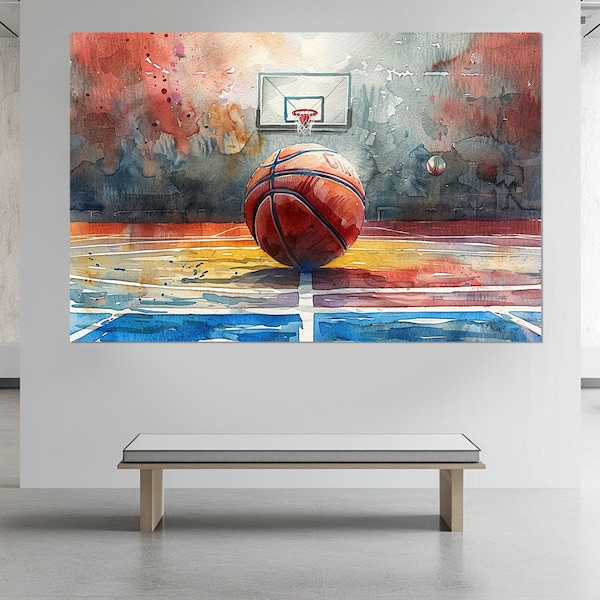 Tableau de basket-ball, impression sur toile de terrain de basket-ball, art mural de basket-ball, cadeau de fan de basket-ball, encadré et prêt à accrocher