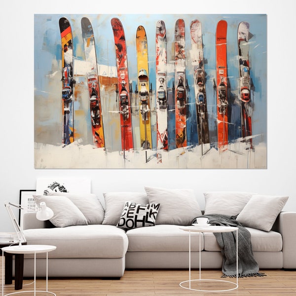 Abstract Ski Painting Canvas Print, Skier Gift, Skiing Wall Art, Winter Hotel Decor, Ski Resort Wall Decor, Framed and Ready to Hang