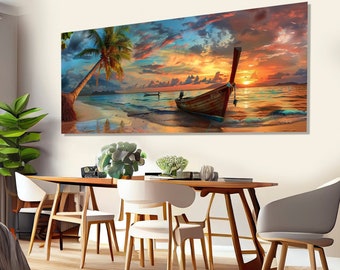 Sunset on the Beach with Palm Tree and Old Boat Canvas Print, Tropical Painting, Tropical Sunset Canvas Art, Framed and Ready to Hang