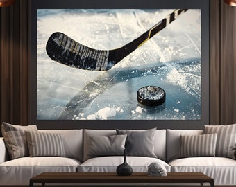 Ice Hockey Wall Art, Hockey Stick and Puck Canvas Print, Abstract Ice Hockey Painting, Hockey Fan Gift, Framed and Ready to Hang
