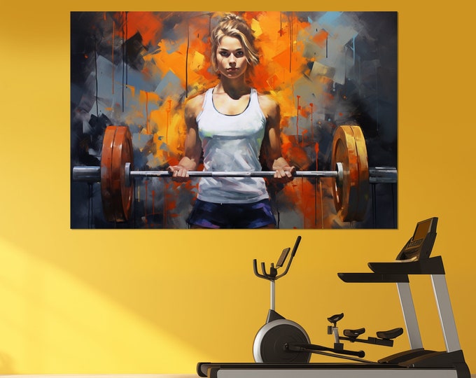 Fitness Girl Painting Canvas Print, Fitness Wall Art, Women Workout Motivation Canvas Print, Gym Wall Decor, Framed and Ready to Hang