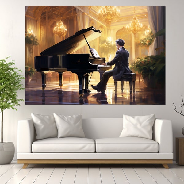 Abstract Pianist Playing Grand Piano Canvas Print, Piano Wall Art, Piano Painting, Pianist Gift, Framed and Ready to Hang