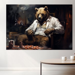 Bär am Pokertisch Leinwanddruck, Poker Wandkunst, Abstrakte Poker Malerei, Poker Geschenke, gerahmt und fertig zum Aufhängen
