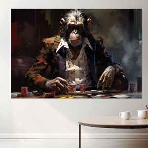 Monkey at Poker Table Canvas Print, Poker Wall Art, Abstract Poker Painting, Poker Player Gift, Framed and Ready to Hang