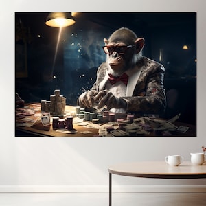 Monkey Playing Poker Canvas Print, Poker Wall Art, Poker Club Decor, Poker Player Gift, Framed and Ready to Hang