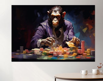 Monkey Playing Poker Canvas Print, Poker Wall Art, Poker Club Decor, Poker Player Gift, Framed and Ready to Hang