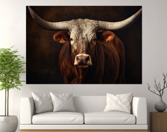 Texas Longhorn Canvas Print, Texas Cattle Painting, Longhorn Cow Wall Art, Framed and Ready to Hang