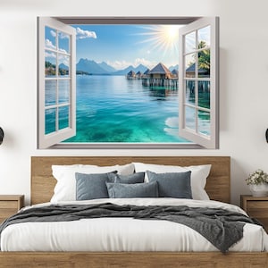 Offenes Fenster mit Malediven Botanischer Ansicht Leinwanddruck, Malediven Malerei, Malediven Wandkunst, gerahmt und fertig zum Aufhängen