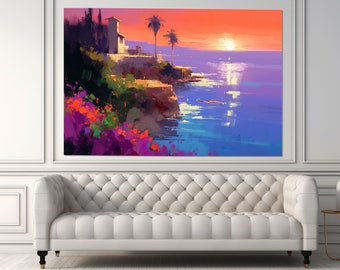 Colorful Coast Painting Canvas Print, Beach Wall Art, Large Tropical Coast Painting, Framed and Ready to Hang