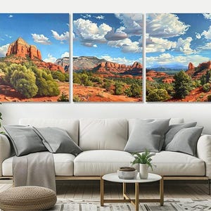 Sedona Mountain Panoramic Painting Canvas Print, Arizona Rocks Abstract Painting, Arizona Wall Art, Red Rock Poster, Framed & Ready to Hang