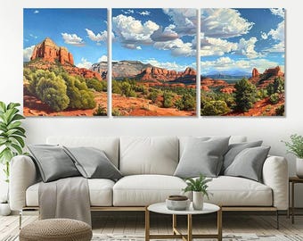 Sedona Mountain Panoramic Painting Canvas Print, Arizona Rocks Abstract Painting, Arizona Wall Art, Red Rock Poster, Framed & Ready to Hang