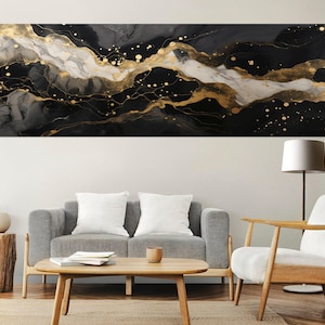 Large Black Marble Painting Canvas Print, Contemporary Wall Art, Modern Home Decor, Framed and Ready to Hang