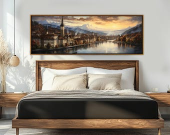 Abstract Zurich Canvas Print, Vintage Zurich Painting, Swiss Wall Decor, Framed and Ready to Hang