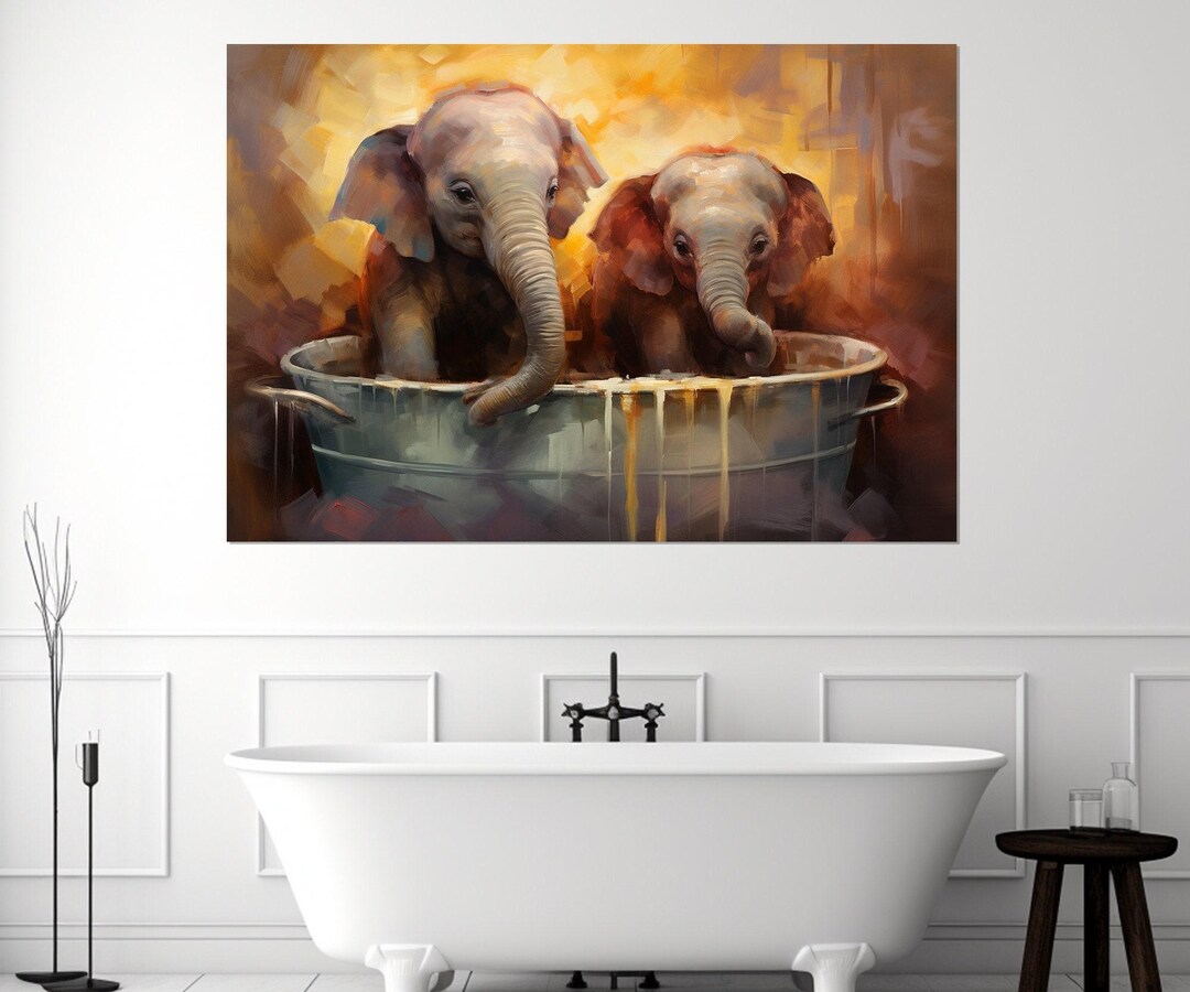 Cute Elephants in the Bathtub Painting Canvas Print, Bathroom Wall Art ...