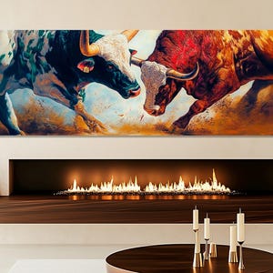 Abstract Bullfight Canvas Print, Large Bullfighting Wall Art, Bulls Painting, Bull Market Wall Art, Framed and Ready to Hang